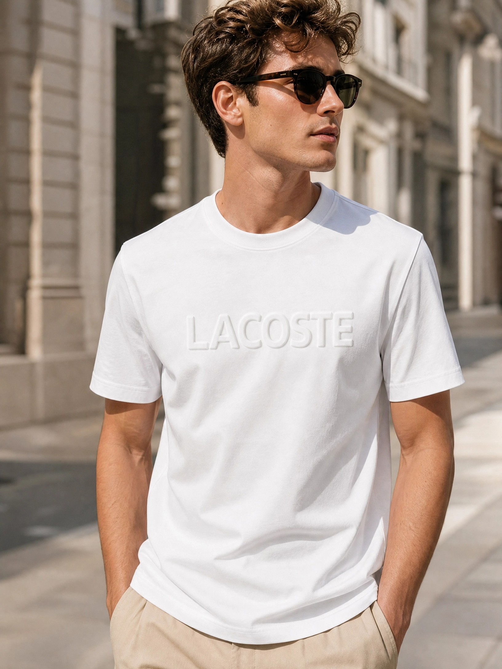 "Lacoste" Kabartma Logo Detaylı Beyaz Tişört