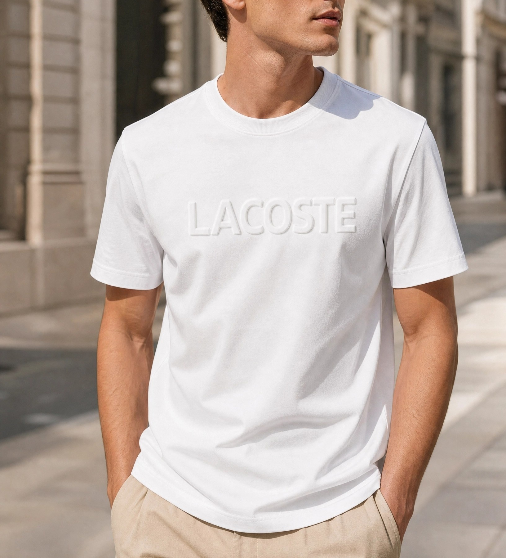 Lacoste Kabartma Logo Detaylı Beyaz Tişört