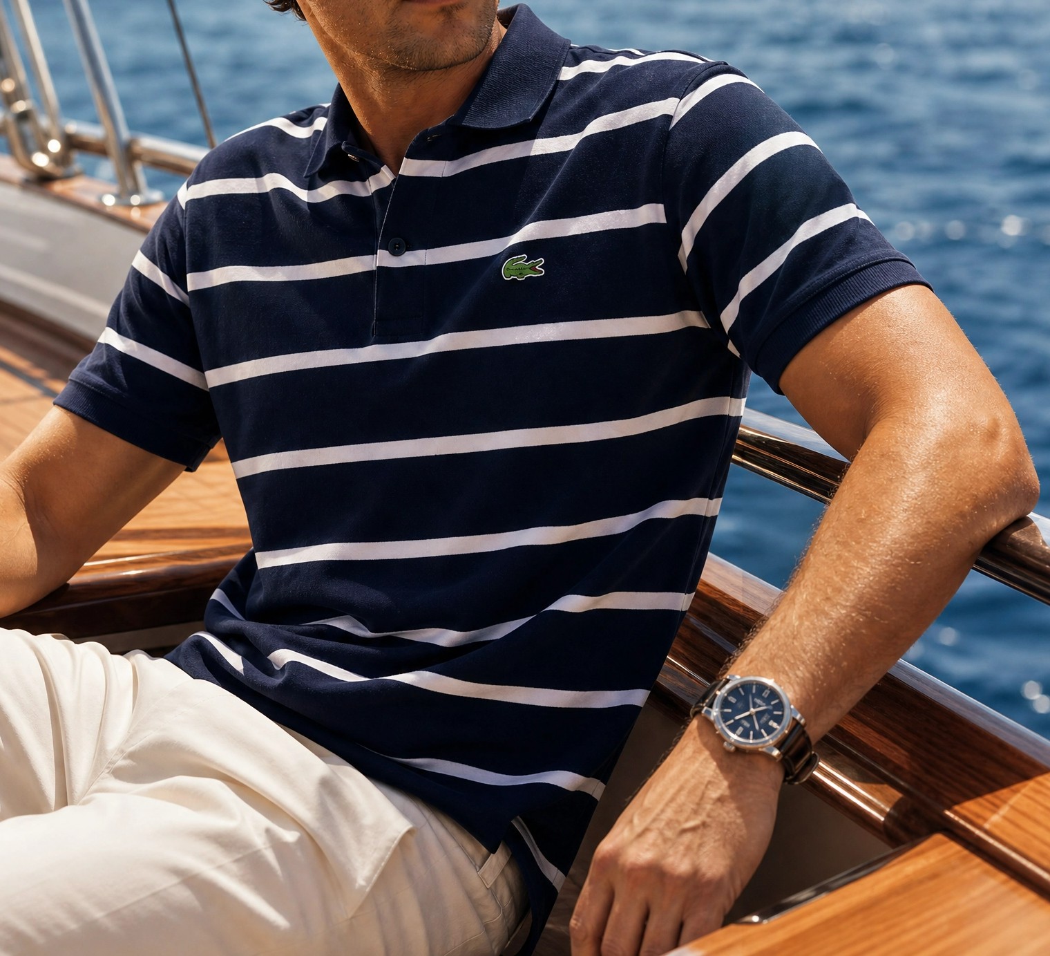 Lacoste Lacivert Beyaz Çizgili Polo Yaka Tişört