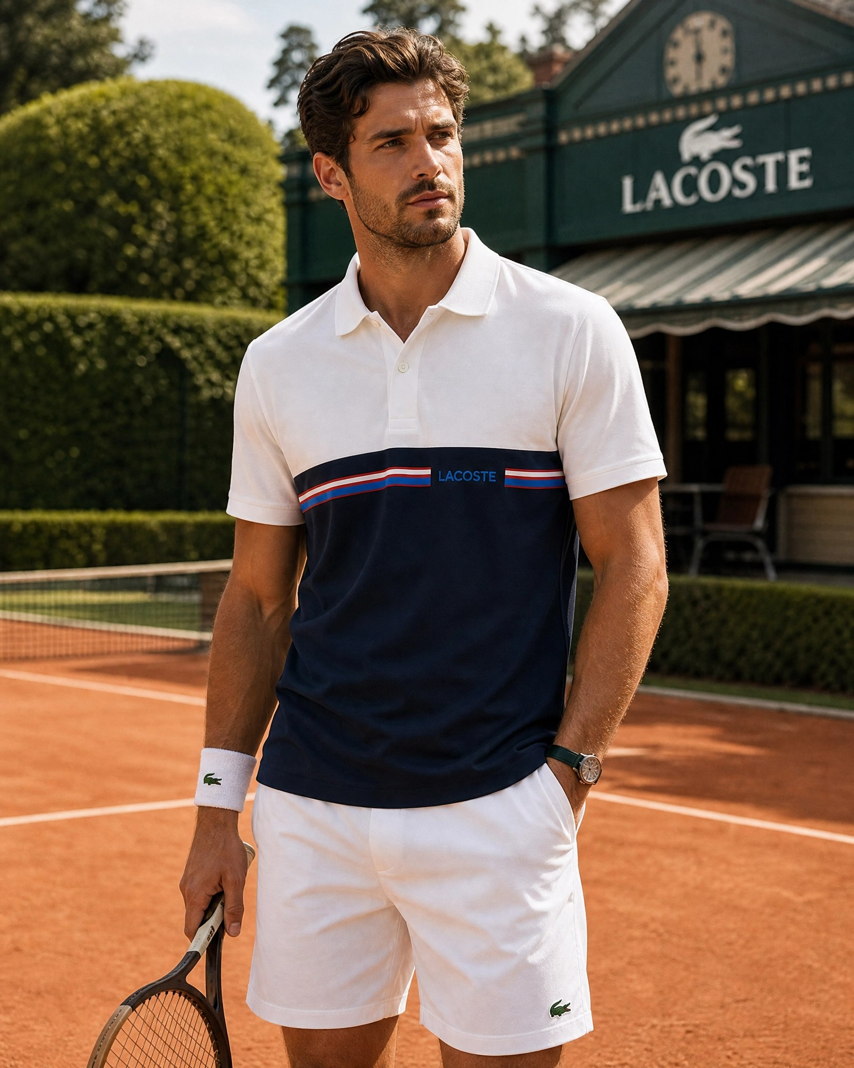 "Lacoste" Renk Bloklu Lacivert Beyaz Polo Yaka Tişört
