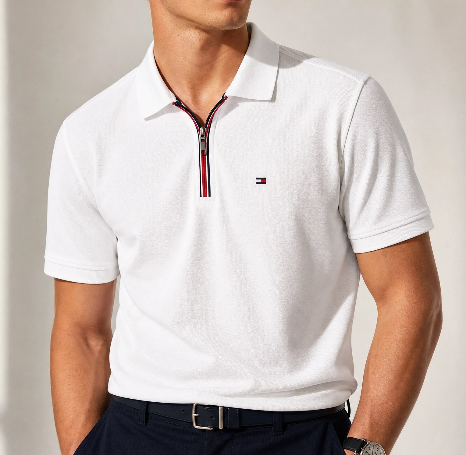 Tommy Hilfiger Fermuar Detaylı Beyaz Polo Yaka Tişört