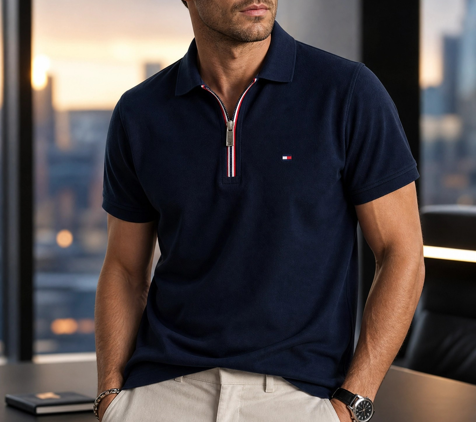 Tommy Hilfiger Fermuar Detaylı Lacivert Polo Yaka Tişört