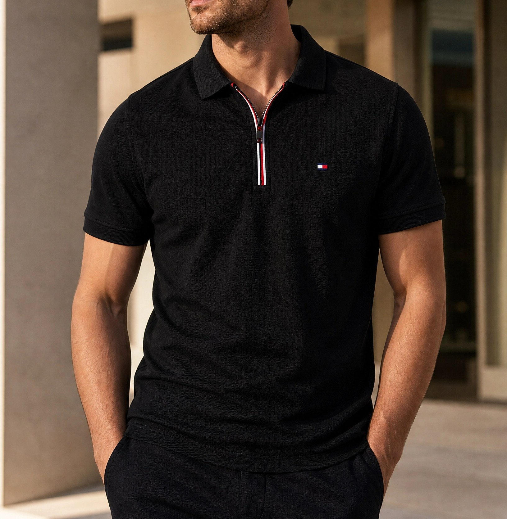 "Tommy Hilfiger" Fermuar Detaylı Siyah Polo Yaka Tişört