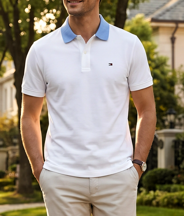 Tommy Hilfiger Kontrast Yaka Premium Erkek Polo Yaka Tişört – Beyaz