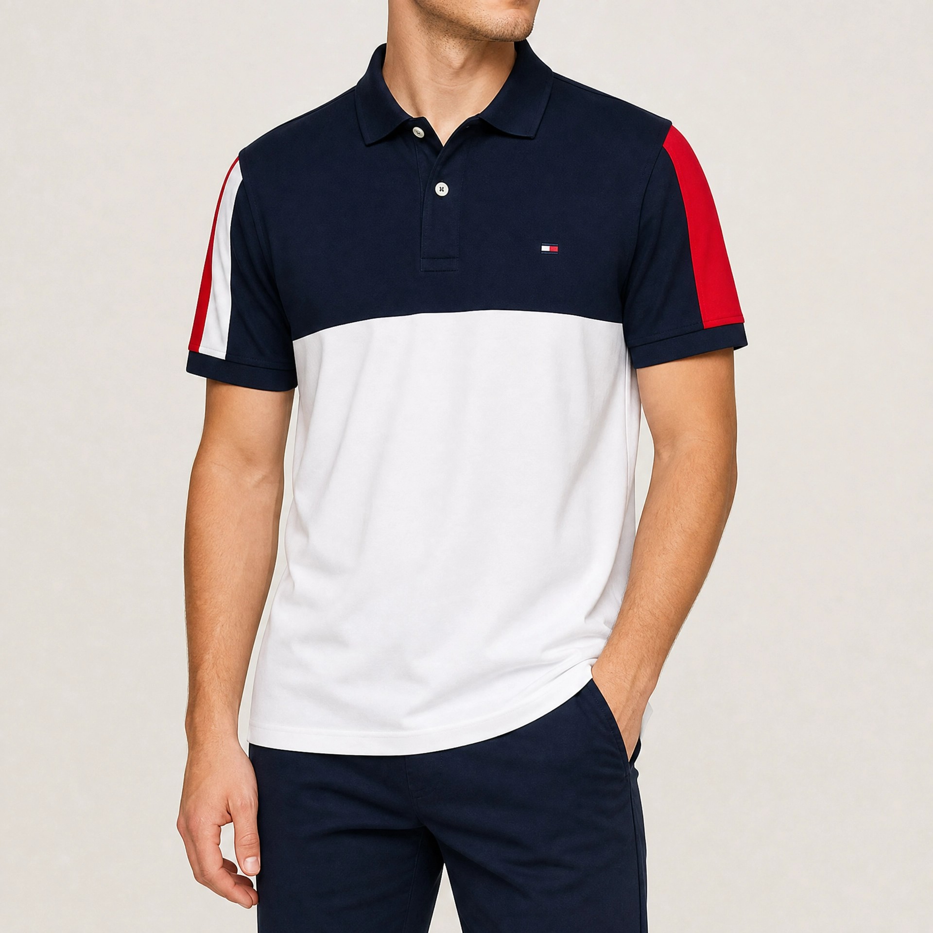 Tommy Hilfiger Renk Bloklu Lacivert Beyaz Polo Yaka Tişört