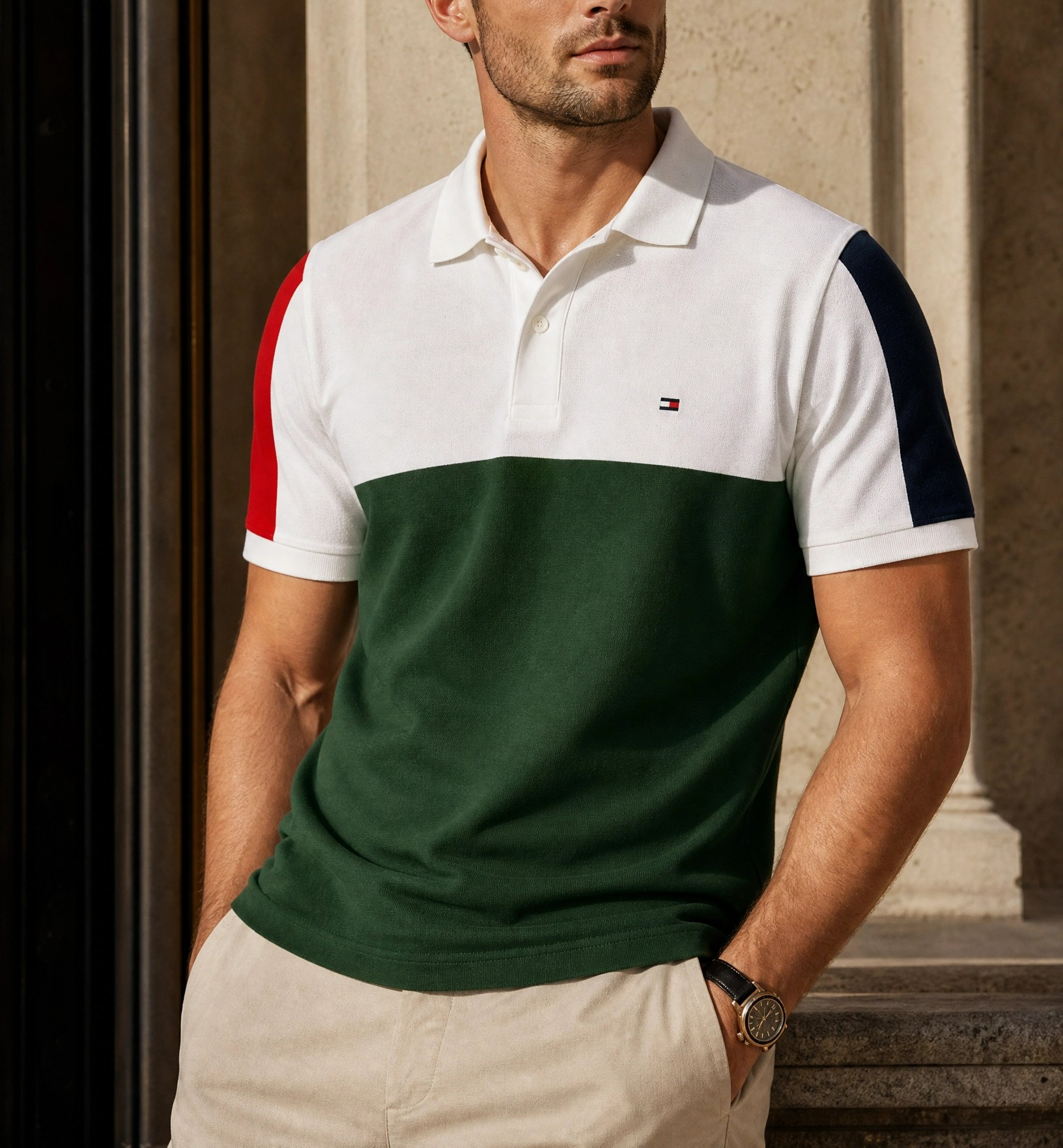 Tommy Hilfiger Renk Bloklu Yeşil Beyaz Polo Yaka Tişört